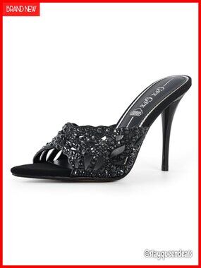 Stiletto Mule Heels Rhinestone Cutout Pointed Toe Slip On Wedding Party